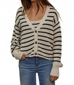 Вязаный кардиган с V-образным вырезом в полоску натурального черного цвета By Together