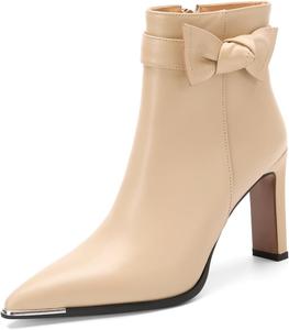 Женские короткие ботильоны TinaCus с заостренным носком, стильные, из натуральной кожи, ручной работы, с бантом, на высоком каблуке, на молнии, Apricot