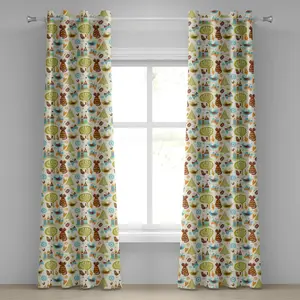 Штора ABAKUHAUS с кошачьими люверсами, кошки, птицы и бабочки с художественными деталями, сказочный замок, деревья, сердца, декоративные двухпанельные шторы, 280 см x 225 см, цвет: зеленый, коричневый, светло-голубой