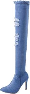 Женские осенне-зимние эластичные сапоги Yiozoi до колена, уличные высокие каблуки, заостренные модные туфли из джинсовой ткани, Light Blue
