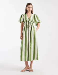 Кремовое платье миди в полоску с пышными рукавами и v-образным вырезом New Look