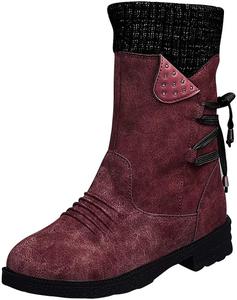 Зимние женские сапоги до середины голени с круглым носком, шнуровкой, в стиле вестерн, на платформе, ковбойские, для активного отдыха и походов Generic, Wine