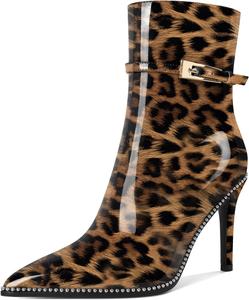 Женские ботильоны Soireelady с заостренным носком и высоким каблуком, украшенные бисером, короткие ботинки с металлической пряжкой и боковой молнией, каблук 10 см, Leopard