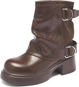 Женские ботильоны с массивным каблуком, с отворотом, удобные, с круглым носком, платформой, на подъеме, байкерского стиля, с модными пряжками, противоскользящей подошвой, короткие ZUYIYIA, Brown