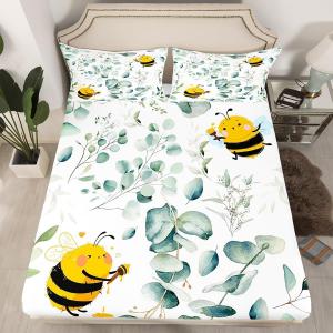 Erosebridal Детский комплект постельного белья с мультяшными дикими животными Kawaii Bee, ботанический зеленый эвкалипт, Yellow Black