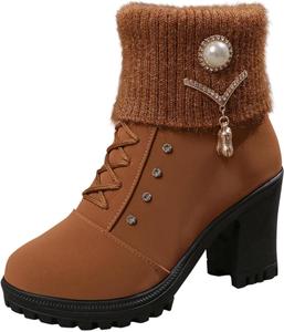 Зимние ботильоны для женщин с массивным каблуком, сапожки на молнии, теплые ботинки с круглым носком, высокие каблуки, модные ботинки со стразами Generic, Brown