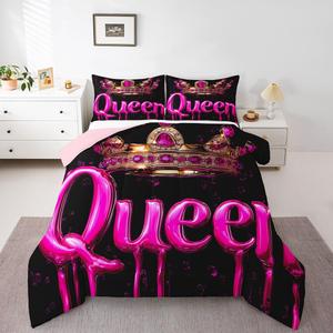 Erosebridal Комплект постельного белья Pink Crown с принтом короны и 3D блестками для девочек в романтичном стиле, Black Pink