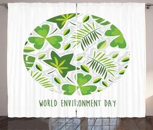 Шторы ABAKUHAUS в деревенском стиле с надписью Всемирный день окружающей среды, универсальные ленточные шторы для гостиной с петлями и крючками, 280 x 225 см, цвет: лаймово-зеленый и белый Abakuhaus