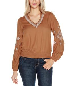 Женская блузка Black Label с вышитыми рукавами-блузонами и V-образным вырезом Belldini, Iced Latte