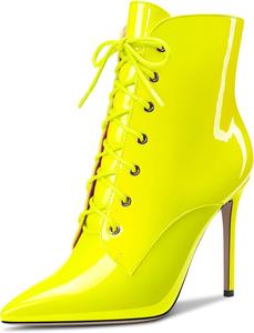 Женские ботильоны Aachcol с коротким голенищем, заостренным носком, стойкой на шпильке средней высоты, лакированные, с молнией и шнуровкой, сексуальные, каблук 4 дюйма, Fluorescent Yellow