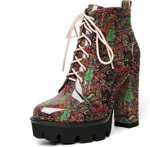 Женские ботильоны на платформе Esvowido с круглым носком, шнуровкой, грубой высокообъемной подошвой, боковой молнией и мехом, короткие ботинки на высоком каблуке, Flower Red