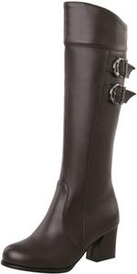 Женские высокие сапоги до колена с массивным каблуком, кожаные сапоги с модной пряжкой и боевые сапоги для девушек Zzalalana, Brown