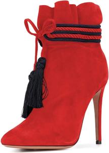 Женские ботинки XYD с комфортной шнуровкой, кисточками, молнией, высокими шпильками, заостренным носком, на каблуке, модные праздничные туфли, Red