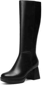 Женские сапоги на платформе для широкой икры, высокие сапоги до колена с квадратным носком и массивными каблуками, модные высокие ботинки из искусственной кожи DOBOLIN, Black