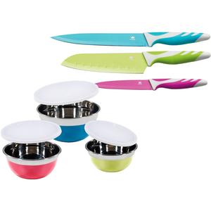 Набор мисок IMORA 9 шт. из нержавеющей стали: 3 миски из нержавеющей стали, 3 пластиковые крышки, 3 ножа King, Bunt