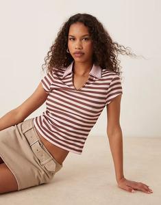 Футболка-поло ASOS DESIGN с узором «одеяло» в коричневую и розовую полоску