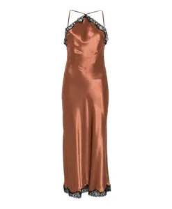 Бронзовое атласное кружевное платье-комбинация с воротником-халтером Rixo, коричневый