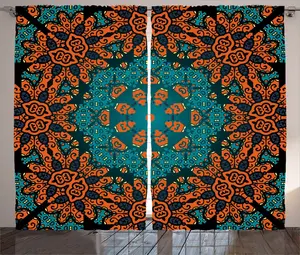 Психоделическая деревенская штора ABAKUHAUS, цветочный бохо-хиппи, штора для спальни со сборками, петлями и крючками, 280 x 225 см, сине-зеленый, оранжевый Abakuhaus