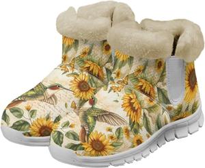 Женские короткие ботинки Howilath с плюшевой подкладкой, противоскользящие пушистые обувь для путешествий и походов, Hummingbird Butterfly Sunflower