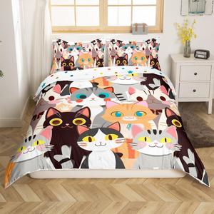 Erosebridal Комплект постельного белья Cartoon Cats с милыми котятами для детей и подростков, веселый дизайн с животными, Black Grey Khaki