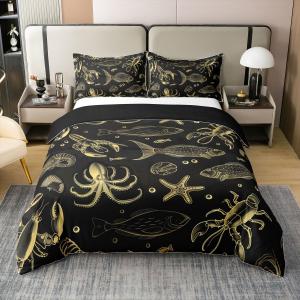 Erosebridal Комплект постельного белья Marine Life Kids из 100% хлопка с океанским принтом золотого осьминога и морских обитателей, Black Gold