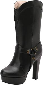 Женские ботильоны на высокой платформе до середины икры с высоким каблуком, модная обувь для зимы и осени, большой размер Generic, Black