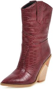 Женские сапоги FOWT до колена с тиснением под крокодила, ковбойские сапоги на высоких устойчивых каблуках на танкетке, длинные сапожки на подтяжках, заостренные носки, зимние и осенние теплые рабочие и повседневные сапоги, размеры 6-12 США, Red