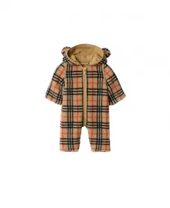 Детский комбинезон унисекс из флиса в клетку с капюшоном. Burberry, бежевый