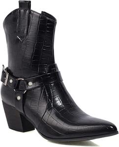 Женские нарядные ковбойские ботильоны с острым носком, боковой молнией и массивным средним каблуком, короткие вестерн-ботинки JOEUSTY, Black-Velvet Lined