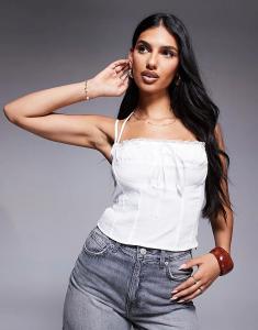 Топ принцессы Полли Тринии с завязками на груди, кружевной отделкой и вырезом халтер, белый цвет