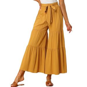 Женские эластичные брюки-палаццо в стиле бохо с высокой талией и завязками на талии, с рюшами на подоле и широкими штанинами ALLEGRA K, желтый