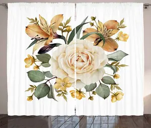 Штора ABAKUHAUS Rose Rustic, романтический свадебный букет, универсальная ленточная штора для гостиной с петлями и крючками, 280 x 225 см, светло-оранжевый, кремово-зеленый Abakuhaus