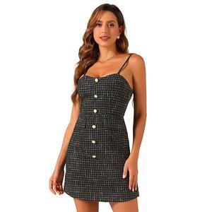 Платье для женщин в клетку с пуговицами и тонкими бретелями Allegra K, Black