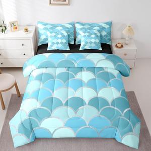 Erosebridal Комплект постельного белья Blue Fish Scales с принтом морской чешуи, включает одеяло, простыни, наволочки и подушки, всесезонный декор для спальни, Turquoise