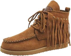 Женские ретро-вестерн ботильоны с кисточками, плоский каблук, круглый носок, на шнуровке, ретро стильные, удобные повседневные ботинки. HCHCTRY, Light Brown-1