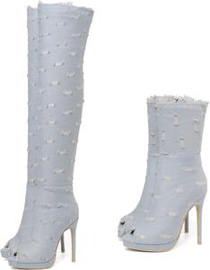 Женские джинсовые ботильоны SHEMEE с открытым носком, на шпильке, летние с молнией, сандалии на высоком каблуке, Long Off White