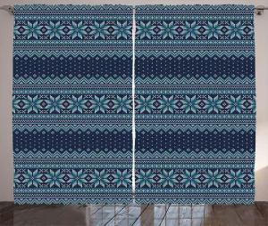 Штора ABAKUHAUS Nordic Rustic, узор "елочка" и "снежинка", универсальная тесьма для гостиной с петлями и крючками, 280 x 225 см, бирюзовый, темно-синий, белый