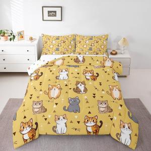 Erosebridal Комплект постельного белья Kawaii Animal с мультяшными котятами и радужными котами в желтой эстетике, Cat 03