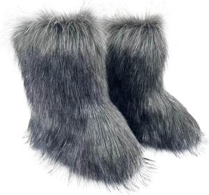 Женские элегантные ботинки: теплые зимние с мехом, низкий каблук, пушистые ботильоны с искусственным мехом, средней высоты, на плоской подошве, обувь для вечеринок и свадеб Generic, Dark Gray