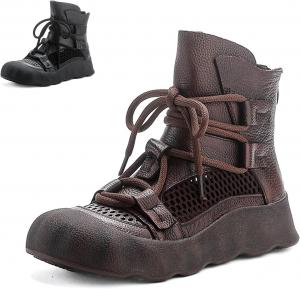 Женские сандалии на высокой подошве с закрытым носком из натуральной кожи, платформой и римским дизайном, модные летние с дырочками из сетки, с шнуровкой, задней молнией, повседневные легкие и удобные сандалии-башмачки GLBDU, Brown