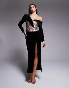 Бархатное платье миди ASOS LUXE с жаккардовым корсетом черного цвета