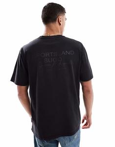 Футболка из потертого хлопка плотностью 220 г/м² с круглым вырезом и принтом на спине черного цвета Threadbare