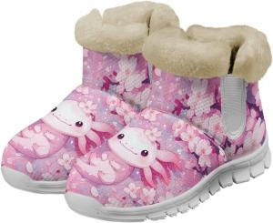 Зимние ботинки chaqlin Axolotl Snow Boots для женщин, теплые ботильоны с нескользящей подошвой, широкие повседневные уличные рабочие ботинки с мягким флисовым плюшем, легкие с плоским каблуком, Cherry Blossom Cute Axolotl
