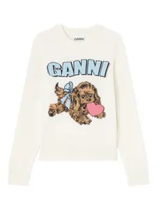 Свитер с логотипом щенка в технике интарсия GANNI, нейтральный