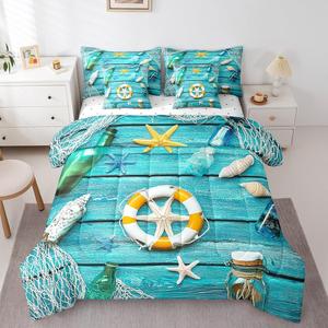 Erosebridal Комплект постельного белья Nautical Coastal Full Ocean Navy Blue с морскими мотивами, Blue Yellow