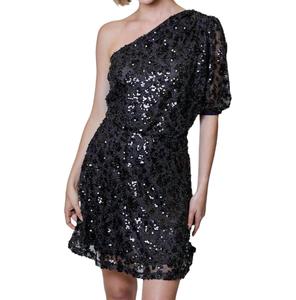 Черное платье с пайетками и одним рукавом Design History