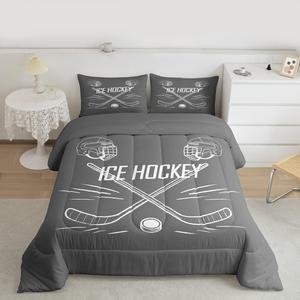 Erosebridal Комплект постельного белья для мальчиков в хоккейной тематике с принтом шайб, серо-белый спортивный дизайн, дышащий материал, Gray and White