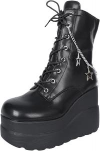 Женские готические боевые ботинки на шнуровке с боковой молнией, платформой, массивным клиновидным каблуком, цепочкой и пряжкой, панк мотоциклетные ботильоны ZPRGZPG, Black