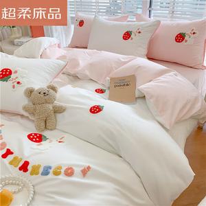 LUOLAI HOME Комплект постельного белья, 4 предмета, 180 см, простыня на резинке, цвет: светло-белый, светло-розовый, Strawberry Sweet Heart