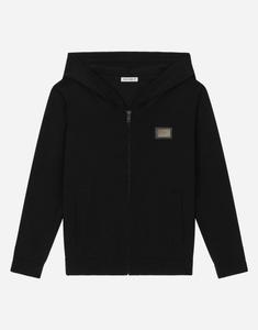 Кардиган из однотонного трикотажа на молнии с капюшоном и фирменной нашивкой Dolce&Gabbana, синий